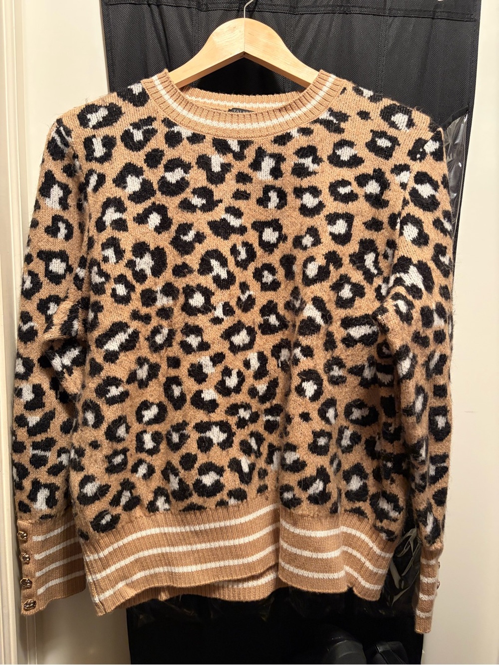 Talbots Tan and Black Leopard-Print Crewneck Sweater